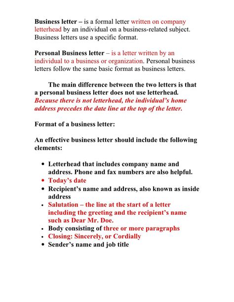 business letter information sheet