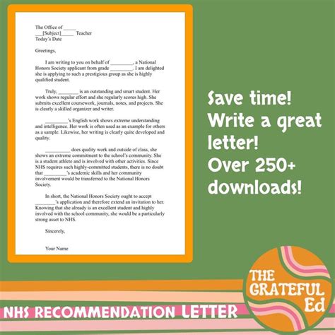 recommendation letter  nhs national honors society template etsy