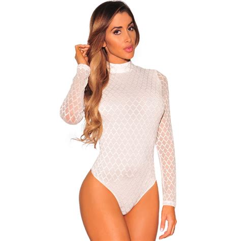 mesh white bodysuits female body with long sleeves hollow out fitness