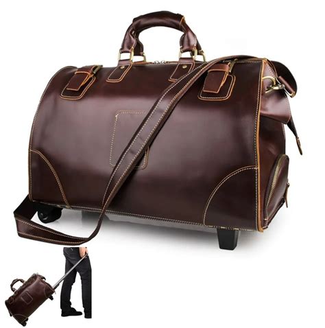 men genuine leather travel bag  wheels vintage real leather trolley bag  glossy cowhide