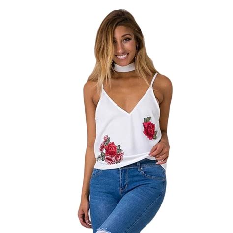 Summer Women Tops Black Embroidered Rose Patch Sexy Cami