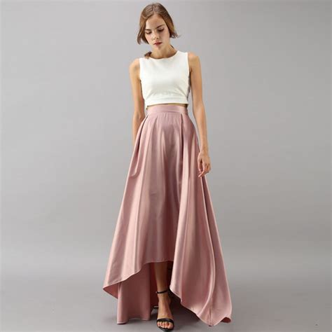 elegant high low long skirt high waist satin blush pink pleated long