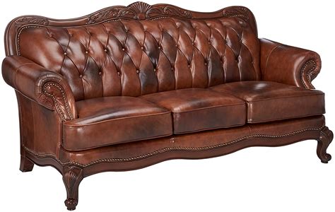 victoria brown genuine leather button tufted sofa carved