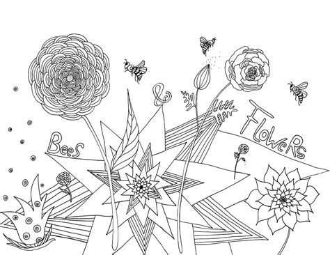 flowers bees illustration coloring page  claudia