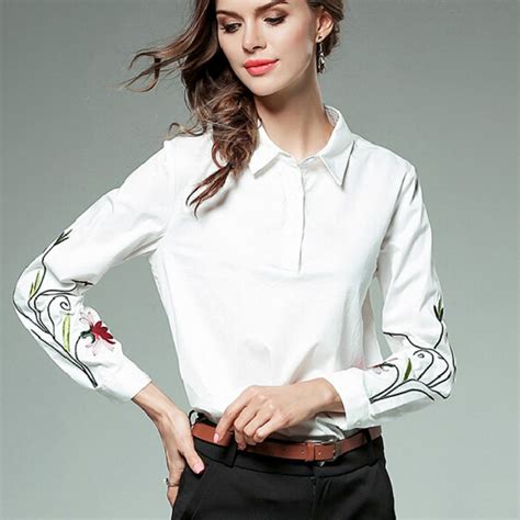 2017 autumn long sleeve turn dowm collar embroidery white cotton shirts