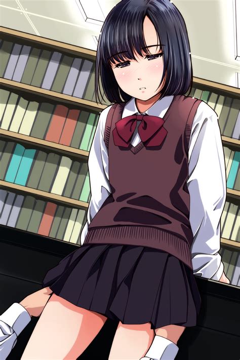 Safebooru 1girl Black Hair Blush Bookshelf Dutch Angle Hand Under