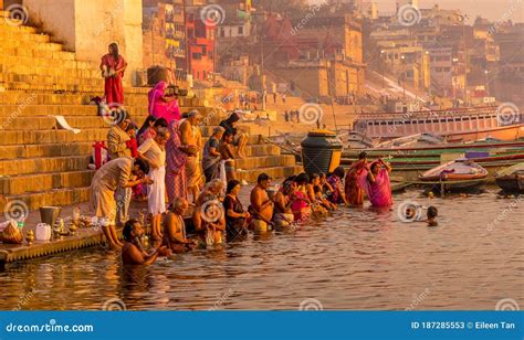 people pray  ganges river editorial stock photo image  india