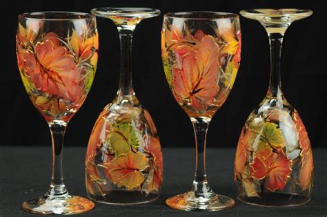 Set Of Four Hand Painted Wine Glasses Colorful Fall Leaves Etsy