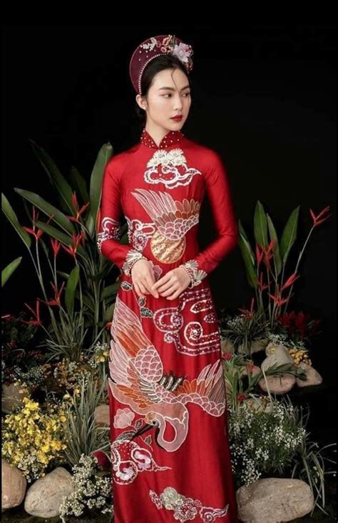 Modern Ao Dai Red With Decorative Embellishments áo Dài Nữ Etsy