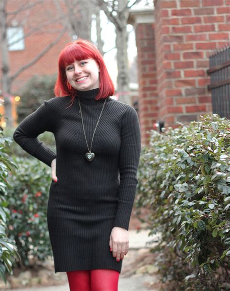 Work Outfit Turtleneck Sweater Dress With Red Tights And
