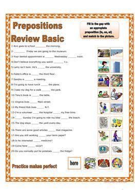 prepositions  place review basic prepositions worksheets