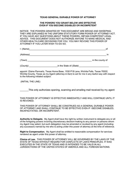 printable durable power  attorney form texas printable templates