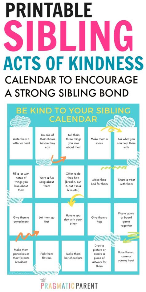 sibling kindness calendar an activity to help siblings to get along in