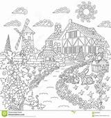 Coloring Colouring House Pages Zentangle Rural Countryside Landscape Book Farm Adult Scene Drawing Bird Windmill Water Sheets Vines Stylized Rabbits sketch template