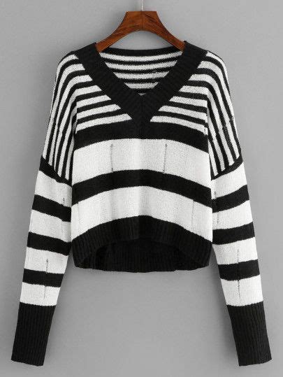 V Neckline Ripped Striped Sweater Shein Sheinside Sweaters Fashion