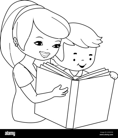 mother  child reading  book vector black  white coloring page