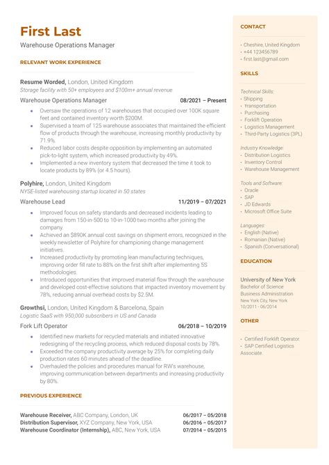 warehouse operations manager resume examples   resume worded
