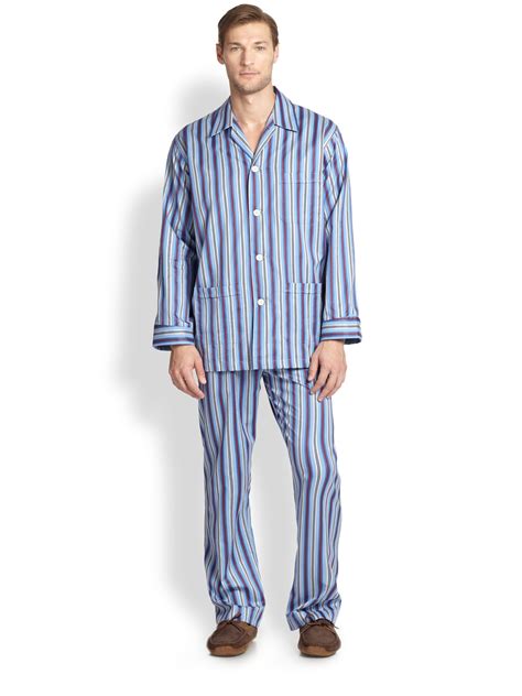 lyst derek rose mayfair striped cotton pajama set  blue  men