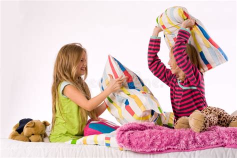 The Girls Pillow Fight Stock Image Image Of Pillow Bedroom 6885441