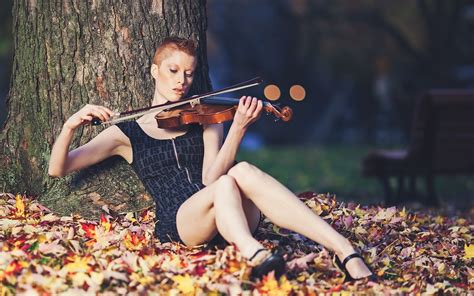 wallpaper short hair girl play violin under tree 1920x1200 hd picture image