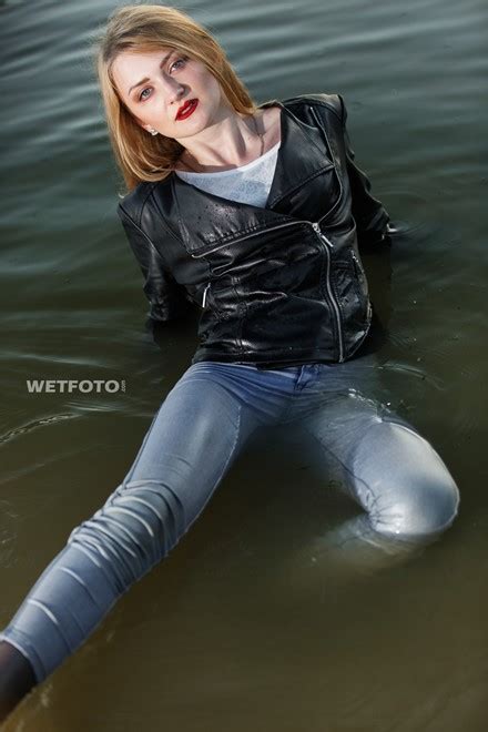 Wetfoto Overalls Jeans Fully Clothed Girl In Leather Skirt Bodysuit