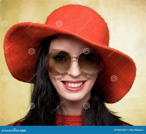 Vintage Woman In Sunglasses And Red Hat Stock Image Image Of Black