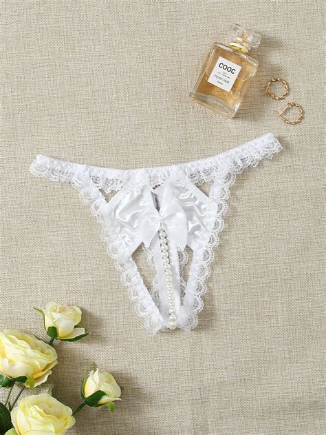 White Romantic Lace Plain Thongs And V Strings Embellished Slight Stretch