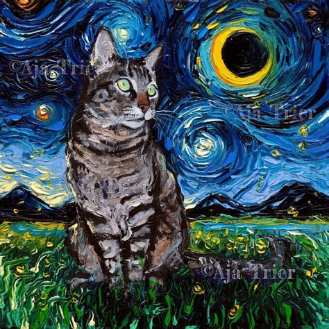 Tabby Night Cat Starry Night Art Print Picture By Aja