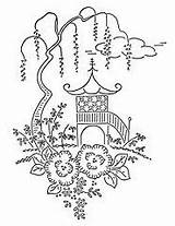 Coloring Oriental Dibujos Chinoiserie Pagoda Embroidery Bordado Adult Patrones Japanese Pages Colouring Pattern Blue Willow Japan Japonesas Cherry Blossom Template sketch template