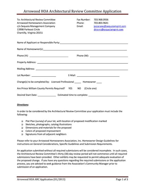 sample hoa architectural request form fill  printable