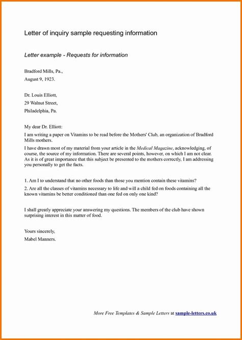 letter  inquiry template  formal inquiry letter samples
