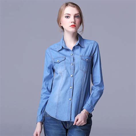 fashion  womens chambray top denim shirts  blouses ladies long sleeve snap button cotton