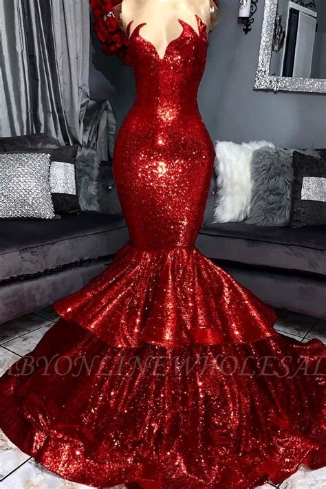 sparkly hot red mermaid prom dress  ruffles elegant evening gowns  shining details