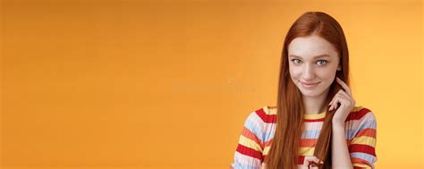 Romantic Flirty Shy Attractive Redhead Girl 20s Touching Hair Strand