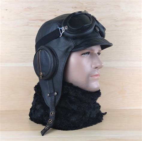 Leather Aviator Hat And Goggles Pilot Cap Ww2 Military Style Etsy