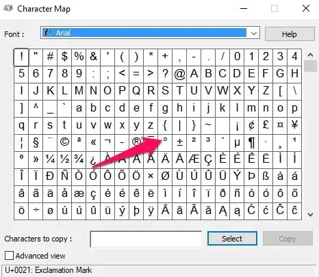 character map degree symbol