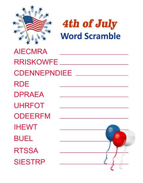 july word scramble printables   fourth  july