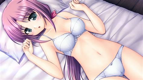 aiyoku no eustia bed bekkankou blush bra game cg panties purple hair tagme character underwear