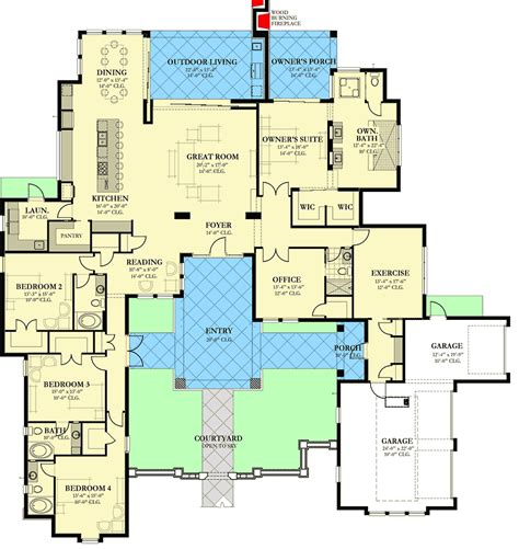 plan ka southern house plan  private front courtyard  exercise room courtyard