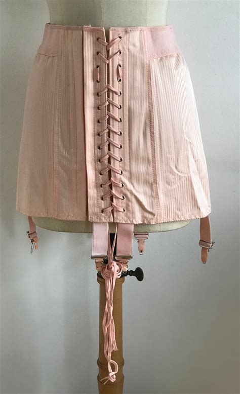Vintage Corset Girdle 6 Suspenders Boned Laced Peach And Pink Stripe