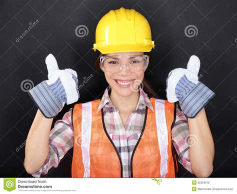 Construction Worker Thumbs Up Happy Woman Portrait Stock