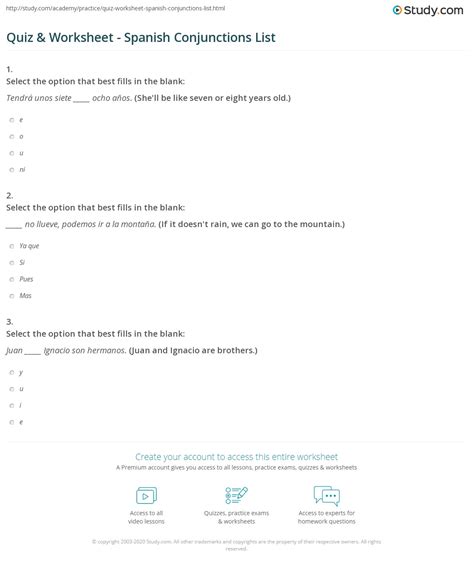 quiz worksheet spanish conjunctions list studycom