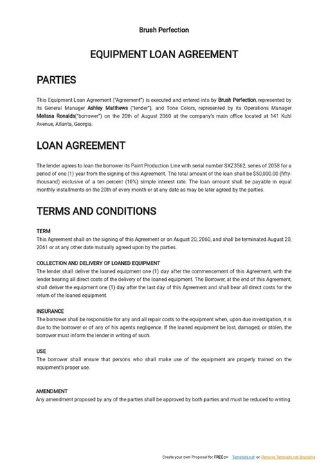 simple equipment loan agreement template  google docs word