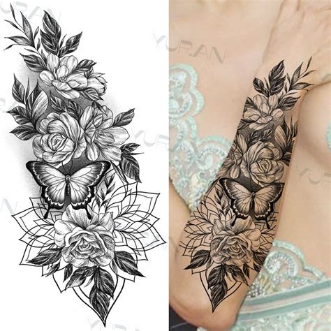 sexy black flower butterfly temporary tattoos for women thigh men fake