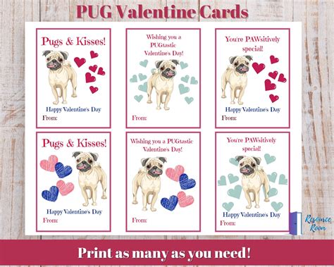 pug valentine cards valentines  kids printable pug etsy