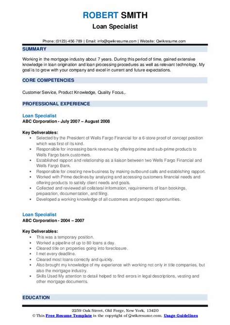 loan specialist resume samples qwikresume