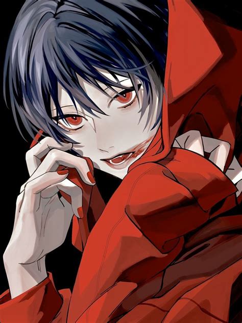 anime character  black hair  red hoodie holding  hand   face