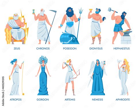 grafika wektorowa stock ancient greek gods  goddesses set zeus dionysus artemis