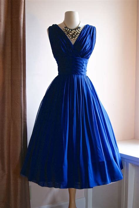 2016 Vintage Tea Length 1950s Royal Blue Ruched Chiffon Wedding Dresses
