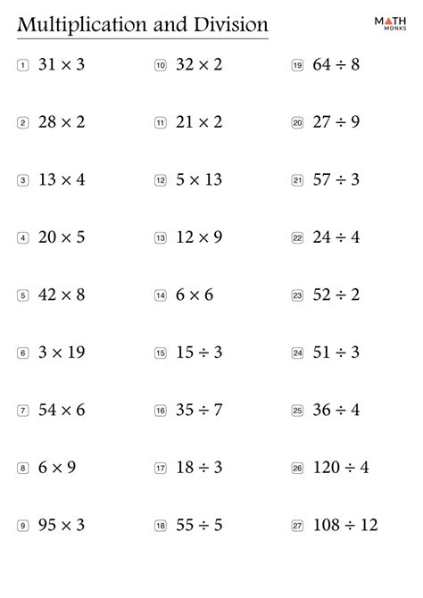 multiplication  division worksheets  answer key
